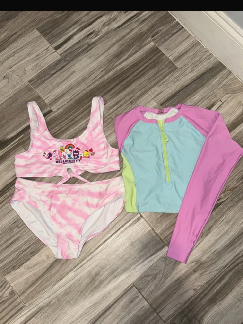 Hello Kitty Pink Tie-Dye Bikini Set with Pastel Rash Guard